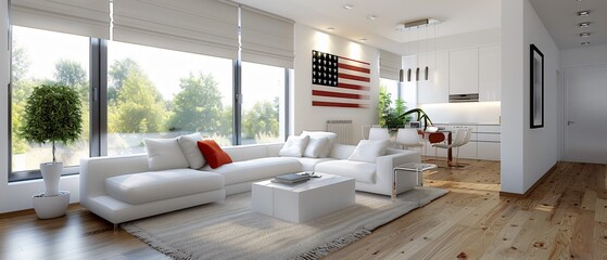 Modern Minimalist Living Space with Stylish USA Flag Accents 3D Rendered Interior Design Concept