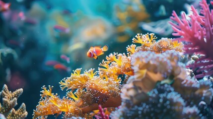 Wall Mural - Close-up of small fish amidst vibrant coral reef in tropical sea