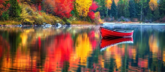 Wall Mural - Autumn lake shore with red boat and colorful trees mirrored in water providing copy space in the image