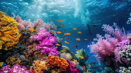 Wall Mural - Colorful coral reef with small fish swimming in tropical waters