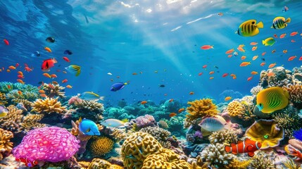 Colorful underwater panorama of tropical fish and coral reef