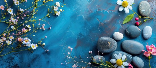 Poster - Top down perspective of a floral arrangement and pebbles for a soothing massage therapy session set against a blue table background with ample copy space image