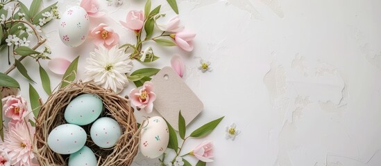 Poster - Easter themed table arrangement with an empty label on a white backdrop along with a copy space image