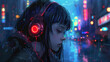 © Ren - Headset-adorned anime girl lost in music, in a setting combining cyberpunk, steampunk, and sci-fi fantasy vibes.