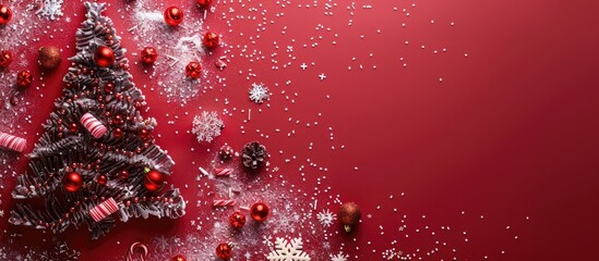 Wall Mural - A festive Christmas tree design with candies and snowflakes on a red backdrop viewed from above with room for text illustrating the holiday theme. Copy space image. Place for adding text and design