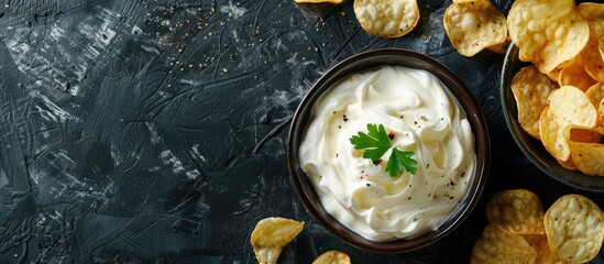 Poster - Sour cream and potato chips arranged appetizingly on a table with copy space image