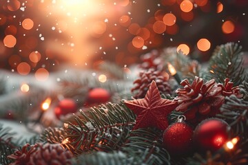 Christmas tree ornaments side view. Textured golden and red star, red bauble, pine cones and needles. Copy space for text. Warm light from the background