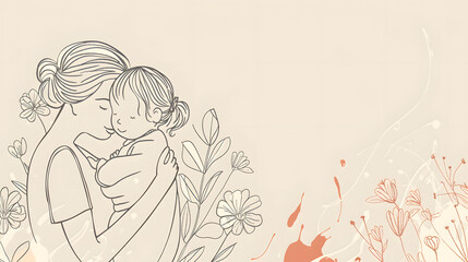 Wall Mural - Mother's Day Banner: Simple Black Line Sketch on Clean Background.