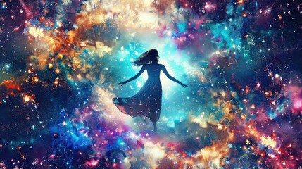 Wall Mural - spiritual stock image featuring the silhouette of a meta human goddess spirit on a colorful galaxy space background