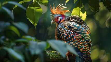 A close-up view of an exquisite bird with unique and eye-catching patterns on its feathers, brilliant colors, intricate details, perched on a beautiful tree