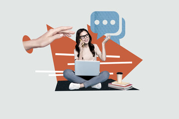 Poster - Creative template graphics collage image of dreamy lady working communicating modern gadgets isolated grey color background