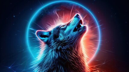 A cybernetic wolf with glowing eyes and sleek fur, howling at a neon moon style