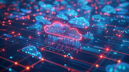 Poster - Abstract representation of cloud computing with digital data streams and interconnected network nodes on a blue background symbolizing seamless data transfer