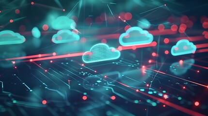 Poster - Abstract representation of cloud computing with digital data streams and interconnected network nodes on a blue background symbolizing seamless data transfer