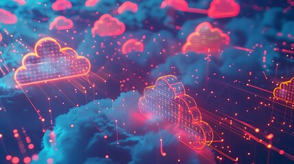 Poster - Abstract representation of cloud computing with digital data streams and interconnected network nodes on a blue background symbolizing seamless data transfer