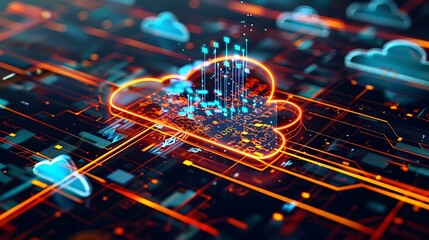 Poster - High-tech image of a cloud icon surrounded by dynamic data lines and holographic elements depicting real-time data processing and cloud storage