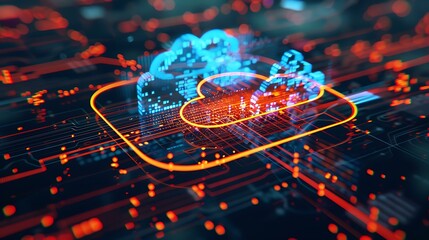 Poster - High-tech image of a cloud icon surrounded by dynamic data lines and holographic elements depicting real-time data processing and cloud storage
