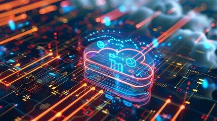 Poster - High-tech image of a cloud icon surrounded by dynamic data lines and holographic elements depicting real-time data processing and cloud storage