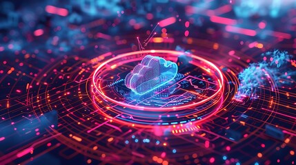 Poster - High-tech image of a cloud icon surrounded by dynamic data lines and holographic elements depicting real-time data processing and cloud storage