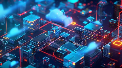 Poster - Modern depiction of cloud computing infrastructure with virtual servers, data pathways, and security shields illustrating robust data management and protection
