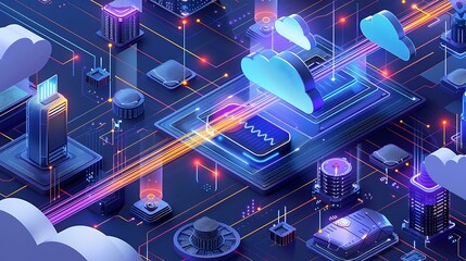 Poster - Modern depiction of cloud computing infrastructure with virtual servers, data pathways, and security shields illustrating robust data management and protection