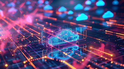 Poster - Visual concept of digital data transfer with cloud symbols and virtual connections highlighted by vibrant lines and data packets moving across a digital space
