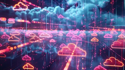 Poster - Visual concept of digital data transfer with cloud symbols and virtual connections highlighted by vibrant lines and data packets moving across a digital space
