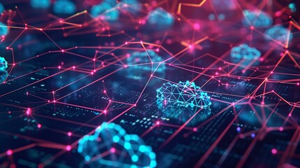 Poster - Visual concept of digital data transfer with cloud symbols and virtual connections highlighted by vibrant lines and data packets moving across a digital space