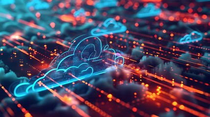 Poster - Visual concept of digital data transfer with cloud symbols and virtual connections highlighted by vibrant lines and data packets moving across a digital space
