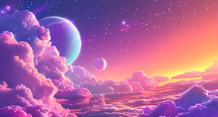 a painting of a sky with clouds and planets in the background