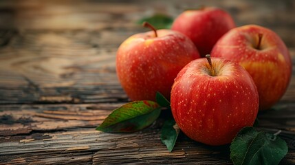 Poster - three apples with leaves on a wooden surface