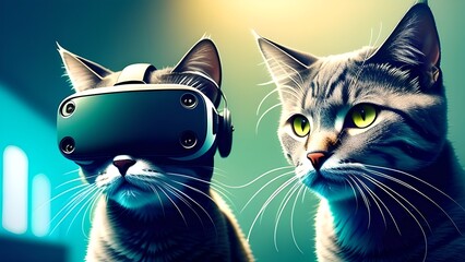 a cat with a virtual reality headset on its head and another cat with a virtual reality headpiece on its head