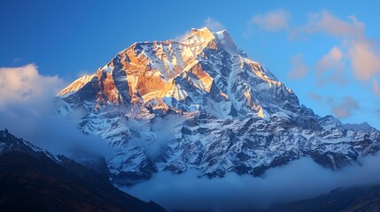 Wall Mural - a mountain covered in snow and clouds under a blue sky