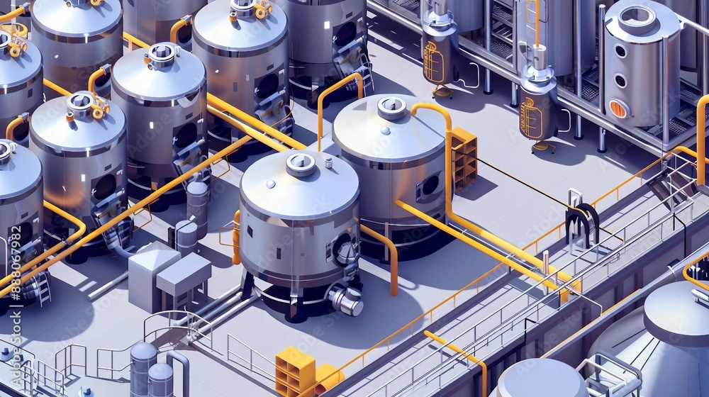 Isometric View of Modern Craft Beer Brewery with Steel Tanks for ...