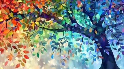 colorful tree of life with colorful leaves on hanging branches illustration background. abstraction 