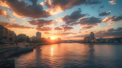 Wall Mural - Vibrant Sunset over Bustling Coastal Cityscape with Waterfront Skyline