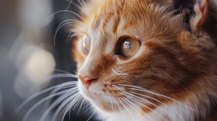 Wall Mural - Blurry selective focus of a gorgeous young white and red cat s face