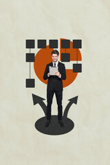 Poster - Artwork collage image of nice happy man browsing ipad reading news isolated on drawing background