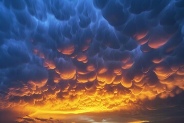 Wall Mural - mammatus clouds forming ominous shapes at sunset, creating a dramatic