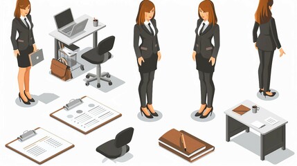 Isometric Business Women Poses Collection. Stylish Female Characters in Business Attire Isolated on White Background for Design Projects.