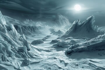 Poster - A desolate, icy landscape of Mann's planet, with jagged ice formations, snow-covered terrain, and a distant, harsh sun shining weakly through the frozen atmosphere