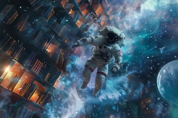 Wall Mural - An astronaut experiencing the surreal, multi-dimensional environment of the tesseract, with floating bookshelves, shifting perspectives, and streams of light representing time and space