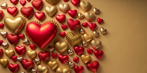 Wall Mural - A large collection of red and gold hearts are arranged in a pattern