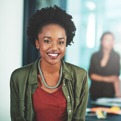 Fototapete - Happy, portrait and black woman with smile from meeting, teamwork and confidence in creative agency. Business, office and writer with coworking for success at news publication with professional