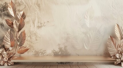 Poster - Table with glossy leaves on a wall against a beige textured background.