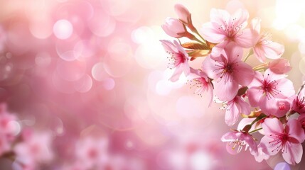 Sticker - An elegant banner showing pink blossoms of sakura on a sunny background. Sakura blossoming season in Japan.