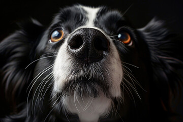 Wall Mural - photo of a border collie dog facing up looking with cute eyes on a black background, view from below in a close-up.