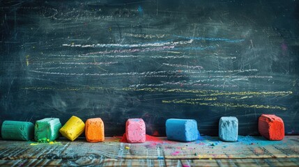 Poster - Colorful chalk pieces on a blank old blackboard