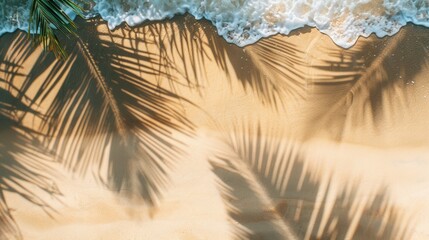 Wall Mural - Abstract sand beach with palm leaf shadow and transparent water wave from above, blank banner background for travel, vacation, and wellbeing, with text placeholders