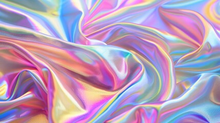 Radiant iridescent fabric background featuring bright multi-colored fabric with a glossy sheen, reminiscent of a pastel colorful spectrum, 